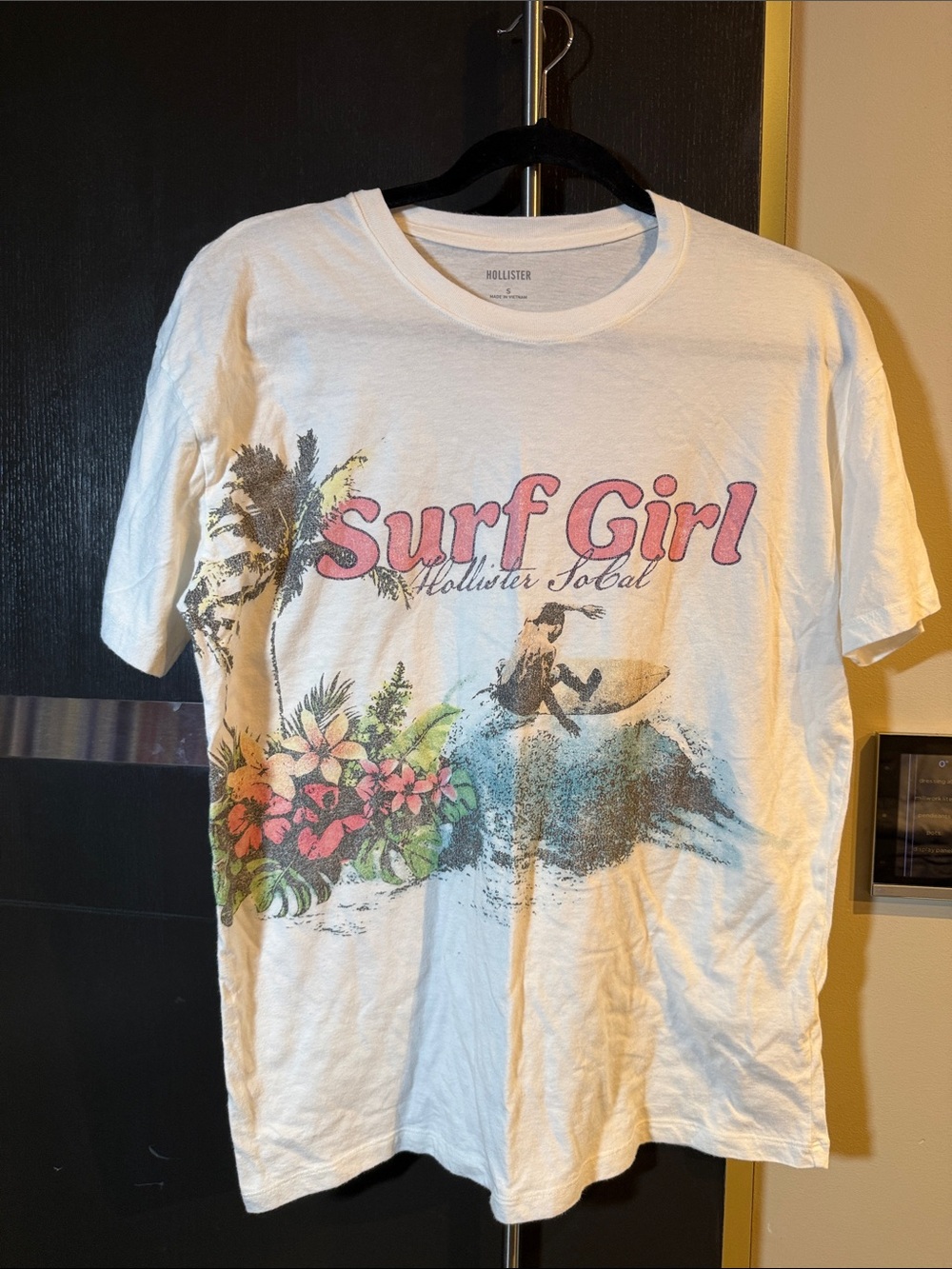 Hollister White Surf Graphic Tee with Pink Text